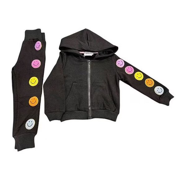 Lola And The Boys Matching Sweat Set black smiley face hoodie pants girls size 8 - Picture 1 of 8